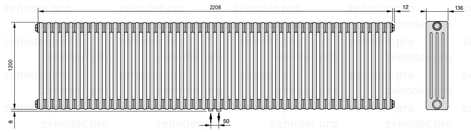 Схема (чертеж) Радиатор Zehnder Charleston 4120/48 №3470 Белый глянцевый RAL 9016